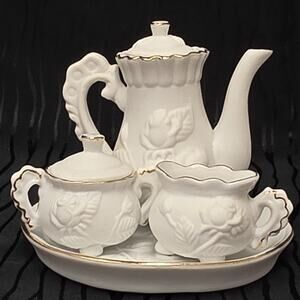 Vintage White Porcelain Tea Set Gold Trim Rose Relief Teapot Creamer Sugar Tray